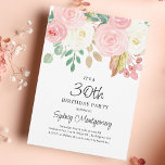 Convite Aniversário de 30 anos Floral de Cor de Água Rosa<br><div class="desc">Bonito convite de festas de aniversário de 30 anos floral cor-de-água rosa e cor-de-rosa. Flores cor-de-rosa e creme com verde e folhas de ouro. Todo o texto importante pode ser personalizado por você. Mesmo o ano de aniversário pode ser alterado para 40,  50 ou qualquer outro ano.</div>