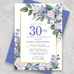 Convite Aniversário de 30 anos Floral Dourado Branco Azul<br><div class="desc">Honra uma mulher especial com este convite de festas elegante e feminina. 30 é escrito em texto azul grande. A comemoração de aniversário segue. O nome do convidado também está em letras azuis. O resto do texto é cinza de pomba mole. Os detalhes da comemoração de aniversário são cercados por...</div>