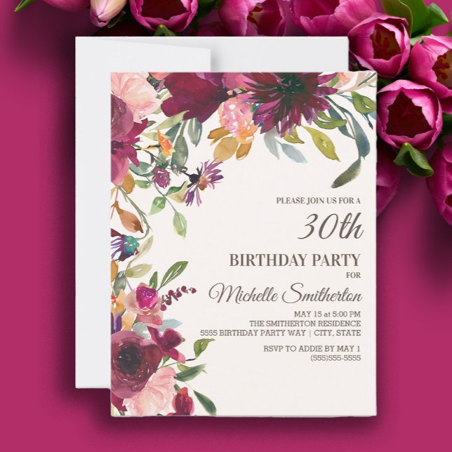 Convite Aniversário de 30 anos Floral Dourado Rosa Elegant (Burgundy and pink watercolor floral 30th birthday party invitation)