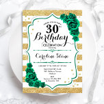 Convite Aniversário de 30 anos Floral Dourado Verde e Whit<br><div class="desc">Convite de festas aniversário de 30 anos. Elegante design verde esmeralda floral com rosas. Apresenta fontes de dourado brilhante e listras brancas e de script. Perfeito para uma comemoração de dia das mulheres na moda. Pode ser personalizado para qualquer idade! Impressos convites Zazzle ou modelo de impressão digital instantânea para...</div>