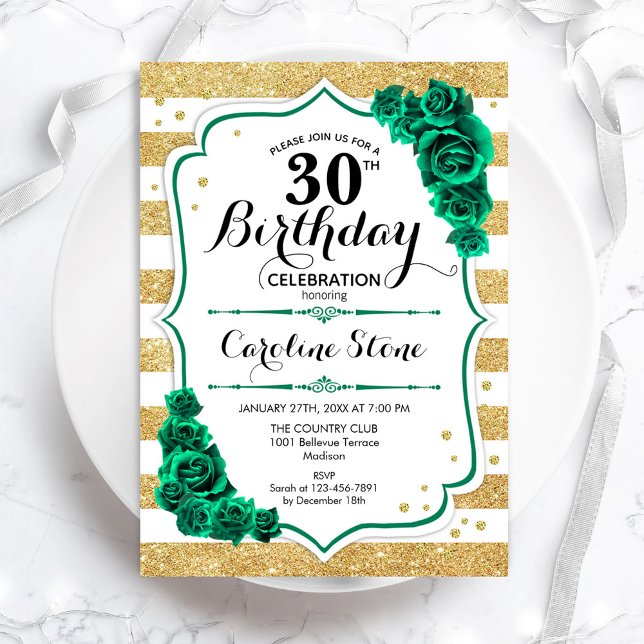 Convite Aniversário de 30 anos Floral Dourado Verde e Whit (Criador carregado)