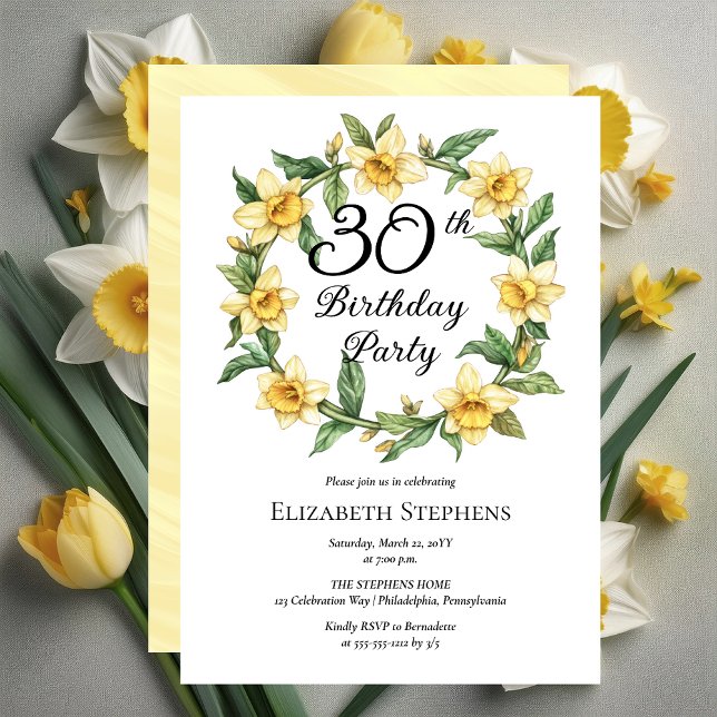 Convite Aniversário de 30 anos Floral Elegante Amarelo (Elegant Yellow Daffodils Floral 30th Birthday Party Invitation -- Print | Download)