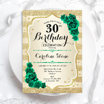 Convite Aniversário de 30 anos Floral Elegante Dourado Ver<br><div class="desc">Convite de festas aniversário de 30 anos. Elegante design verde esmeralda floral com rosas. Funcionalidades com listas de ouro de brilho inverso e letra de script. Perfeito para uma comemoração de dia das mulheres na moda. Pode ser personalizado para qualquer idade! Impressos convites Zazzle ou modelo de impressão digital instantânea...</div>