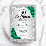 Convite Aniversário de 30 anos Floral Elegante Verde Silve<br><div class="desc">Convite de festas aniversário de 30 anos. Elegante design verde esmeralda floral com rosas. Apresenta faixas de prata com brilho inverso e fonte de script. Perfeito para uma comemoração de dia das mulheres na moda. Pode ser personalizado para qualquer idade! Impressos convites Zazzle ou modelo de impressão digital instantânea para...</div>