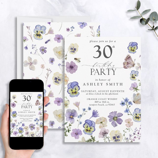 Convite aniversário de 30 anos Floral lavanda Azul Pressio (Criador carregado)