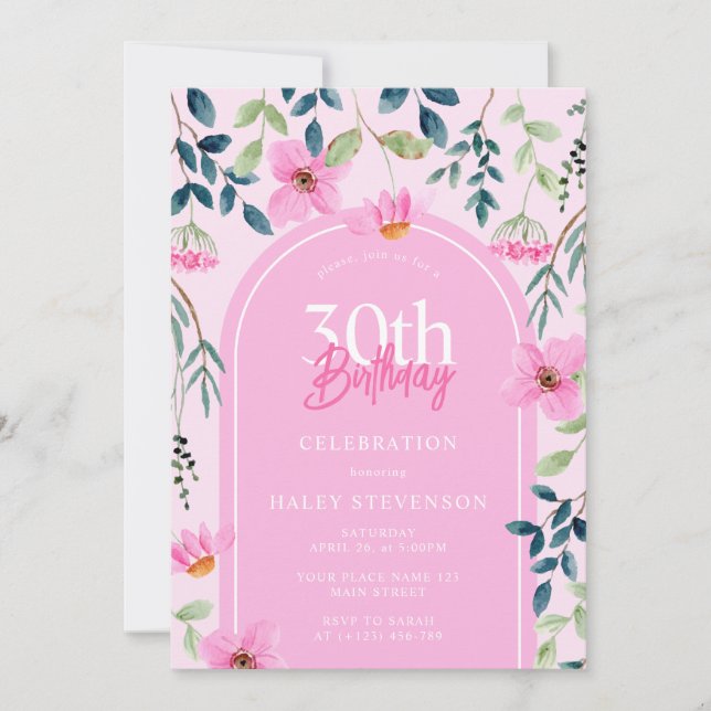 Convite Aniversário de 30 anos Floral Rosa Elegante Femini (Frente)