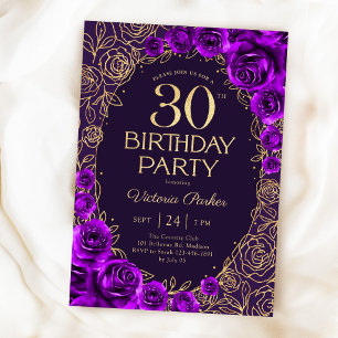 Convite Aniversário de 30 anos Floral Roxo Dourado