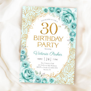 Convite Aniversário de 30 anos Floral Turquesa Dourado