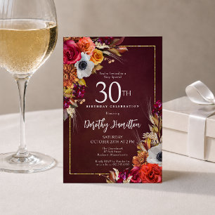 Convite Aniversário de 30 anos Flores de Outono Burgundy E