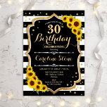 Convite aniversário de 30 anos - Girassóis - Flores branca<br><div class="desc">Convite para aniversário de 30 anos russo. Design elegante com listras pretas e brancas,  girassóis e ouro brilhante. Possui fonte de script na moda e confetti. Perfeito para uma bolsa mensageifesta de aniversario elegante. Personalize com seus próprios detalhes.</div>