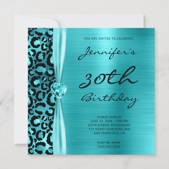 Convite Aniversário de 30 anos Glam Blue Teal Leopard (Frente)