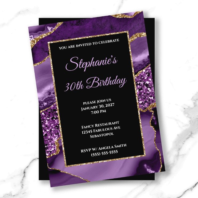 Convite Aniversário de 30 anos Glam Glitter Dourado Ágata  (Purple Agate Gold Glitter Glam 30th Birthday Invitation)