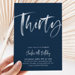 Convite aniversário de 30 anos Invitation Mens Modern Mari<br><div class="desc">30 Marinhos e White Birthday Invitation com letra moderna de script de pincel. Um simples e divertido convite de aniversário para a sua festa de aniversário de 30 anos.</div>