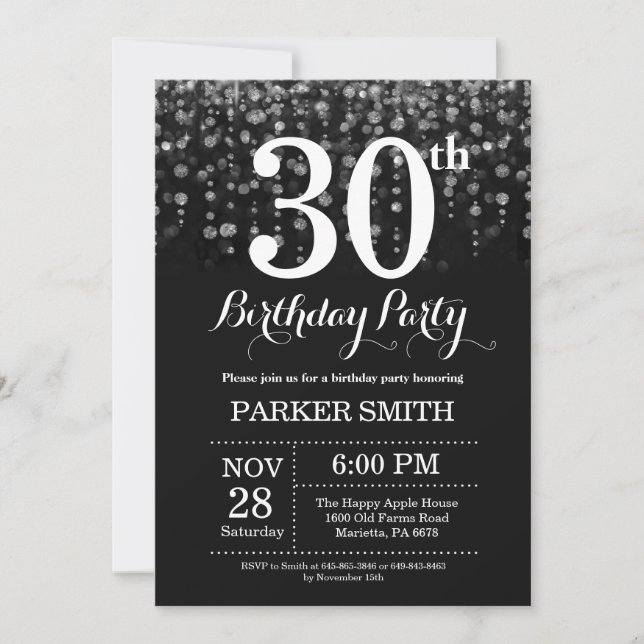 Convite aniversário de 30 anos Invitation Silver Glitter (Frente)