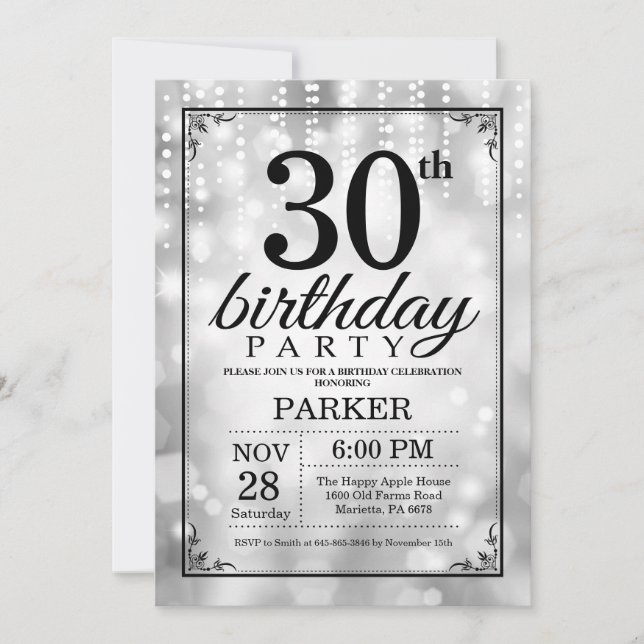 Convite aniversário de 30 anos Invitation Silver Glitter (Frente)