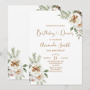 Convite Aniversário de 30 anos Jantar Floral Branco Natal 