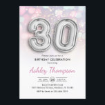 Convite aniversário de 30 anos - Luzes Rosa dos Balões de<br><div class="desc">convite de festas aniversário de 30 anos. Design elegante em prata brilhante falso com luzes cor-de-rosa e roxas pastel. O convite apresenta o número prateado 30 balões e a fonte do script. Perfeito para uma comemoração de na moda 30 dias. Envie-me uma mensagem se precisar de idade personalizada.</div>