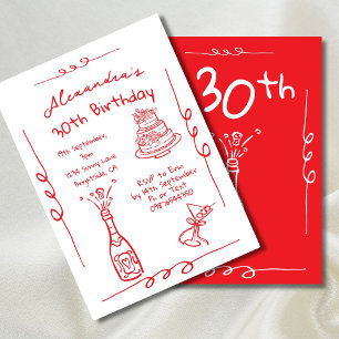 Convite aniversário de 30 anos Mão Desenhada Vermelha Cinz