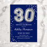 Convite aniversário de 30 anos - Marinho dos Balões de Pra<br><div class="desc">convite de festas aniversário de 30 anos. Design elegante em cinza brilhante e azul marinho. O convite apresenta o número prateado 30 balões e a fonte do script. Perfeito para uma comemoração de na moda. Envie-me uma mensagem se precisar de idade personalizada.</div>