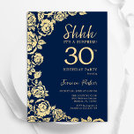 Convite aniversário de 30 anos marinho  Rosa Dourado Surpr<br><div class="desc">convite de festas marinho de aniversário de 30 anos surpresa floral de ouro azul . Design elegante com rosas, folha de ouro falsa e letra de script de tipografia. A Trendy convida o cartão perfeito para uma festa de na moda. Pode ser personalizado para qualquer idade. Impressos convites Zazzle ou...</div>