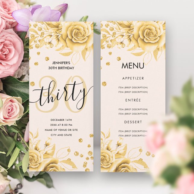 Convite aniversário de 30 anos Menu Dourado Brilhante (30th Birthday Menu Gold Floral Glitter Invitation)