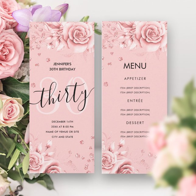 Convite aniversário de 30 anos Menu Rosa Floral Dourado (30th Birthday Menu Rose Gold Floral Glitter Invitation)
