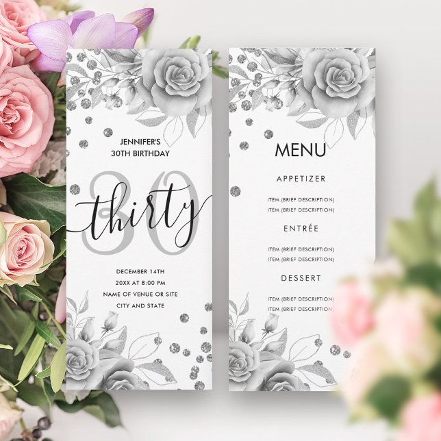 Convite aniversário de 30 anos Menu Silver Floral Glitter (30th Birthday Menu Silver Floral Glitter Invitation)