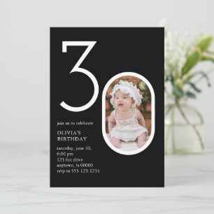 Convite Aniversário de 30 anos mínimo moderno preto chic