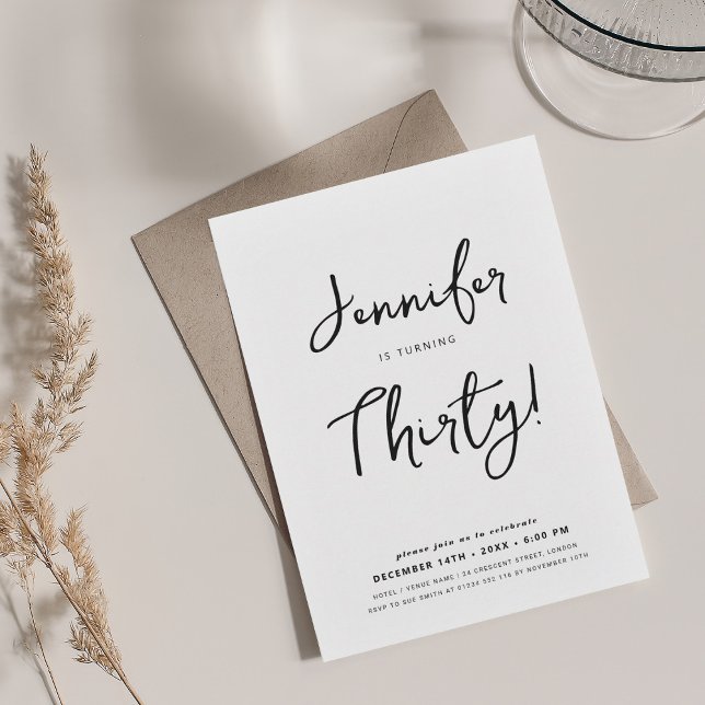 Convite Aniversário de 30 anos mínimo moderno - Script pre (Modern Minimal 30th Birthday Script Black & White Invitation)