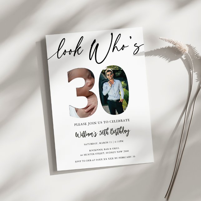 Convite Aniversário de 30 anos moderno - Olha quem tem 30  (Look Who’s 30! Modern 30th Birthday invitation for Him – 2 Photo Custom Party invitation)