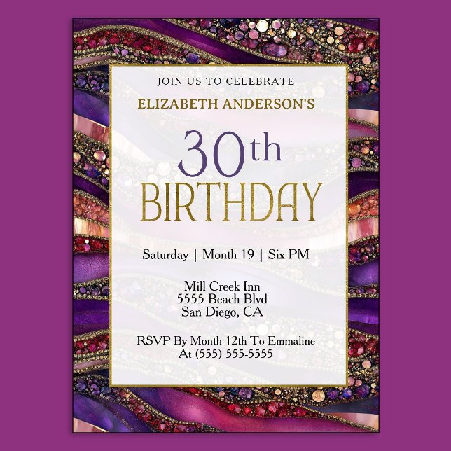 Convite Aniversário de 30 anos Moderno Roxo Dourado com Jo (Luxury purple and gold 30th birthday invitation with jeweled marble design and elegant style.
)