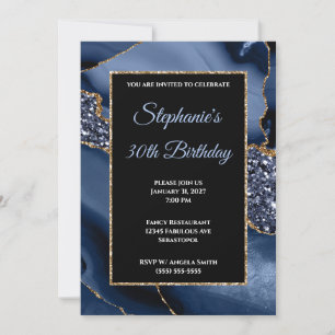 Convite Aniversário de 30 anos Navy Agate Gold Glitter Gla