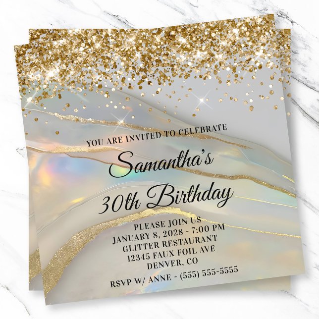 Convite Aniversário de 30 anos óptico marmoreado Dourado d (Glittery Gold Marbled Opal 30th Birthday Invitation)