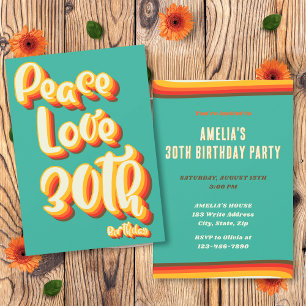 Convite Aniversário de 30 anos Paz Amor Retro Groovy Pôr d