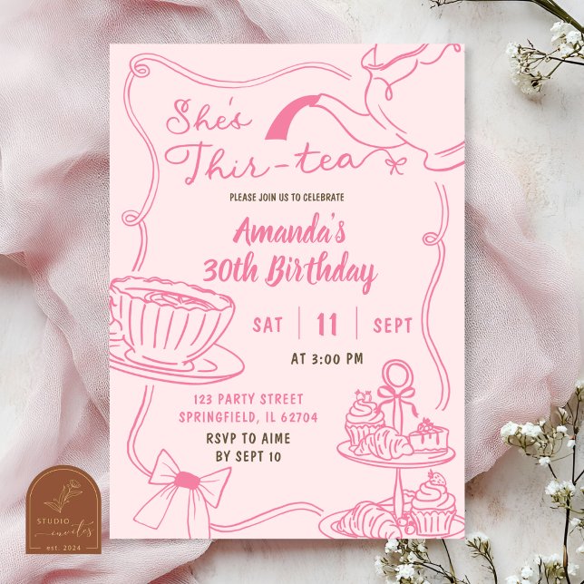 Convite Aniversário de 30 anos Pink Hand Drawn Thir-Tea (Criador carregado)