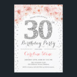 Convite aniversário de 30 anos - Prata branca rosa<br><div class="desc">design Elegante do Convite de festas aniversário de 30 anos em prata brilhante falso,  rosa e branco. Na moda floral com diamantes e rosas. Perfeito para uma comemoração de vidro. Envie-me uma mensagem se precisar de mais personalização.</div>