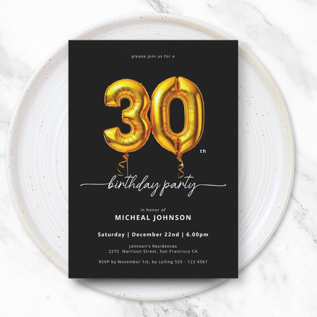 Convite aniversário de 30 anos preto Dourado (Gold Balloon Black 30th Birthday Invitation)