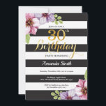 Convite aniversário de 30 anos. Preto Dourado Floral<br><div class="desc">Convite de aniversário de 30 anos para mulheres. Convidar Festa de aniversário preto e Dourado. Dourada Glitter. Flor Floral De Aquarela Púrpura. Black and White Stripes. Digital Imprimível. Para mais personalização,  clique no botão "Personalizar" e use nossa ferramenta de design para modificar este modelo.</div>
