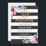 Convite aniversário de 30 anos. Preto Dourado Floral<br><div class="desc">Convite de aniversário de 30 anos para mulheres. Convidar Festa de aniversário preto e Dourado. Dourada Glitter. Flor Floral De Aquarela Púrpura. Black and White Stripes. Digital Imprimível. Para mais personalização,  clique no botão "Personalizar" e use nossa ferramenta de design para modificar este modelo.</div>