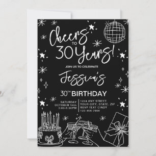 Convite Aniversário de 30 anos preto e branco elegante