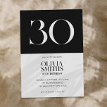 Convite Aniversário de 30 anos preto e branco minimalista<br><div class="desc">Aniversário de 30 anos minimalista moderno com design simples com tipografia chic elegante a preto e branco.</div>