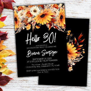 Convite Aniversário de 30 anos Preto Floral de Outono