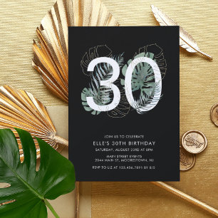 Convite Aniversário de 30 anos preto tropical moderno