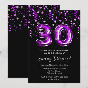 Convite aniversário de 30 anos Purple Balloons Snowflati C