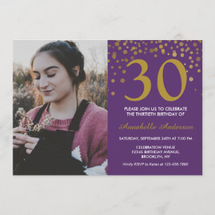 Convite aniversário de 30 anos Purple Dourado Confetti Fot