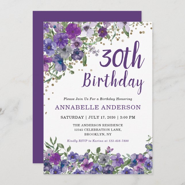 Convite aniversário de 30 anos Purple Floral Dourado Ponto (Frente/Verso)