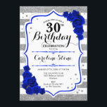 Convite aniversário de 30 anos - Real Blue Silver White St<br><div class="desc">Convite para aniversário de 30 anos. Design elegante em prata brilhante,  branco e azul real. Possui forte de script de na moda,  listras e rosas azuis. Perfeito para uma elegante festa de aniversário de trinta. Pode ser personalizado em qualquer idade.</div>