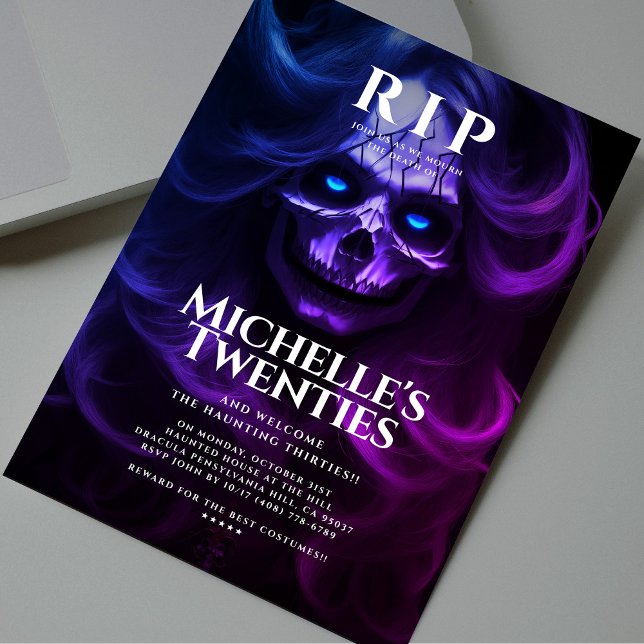 Convite aniversário de 30 anos RIP 200 Lady Skull Pink Pur (30th Birthday RIP Twenties Lady Skull Pink Purple Invitation
)