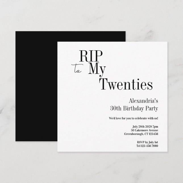 Convite Aniversário de 30 anos RIP 20s Preto e Branco Mini (Frente/Verso)