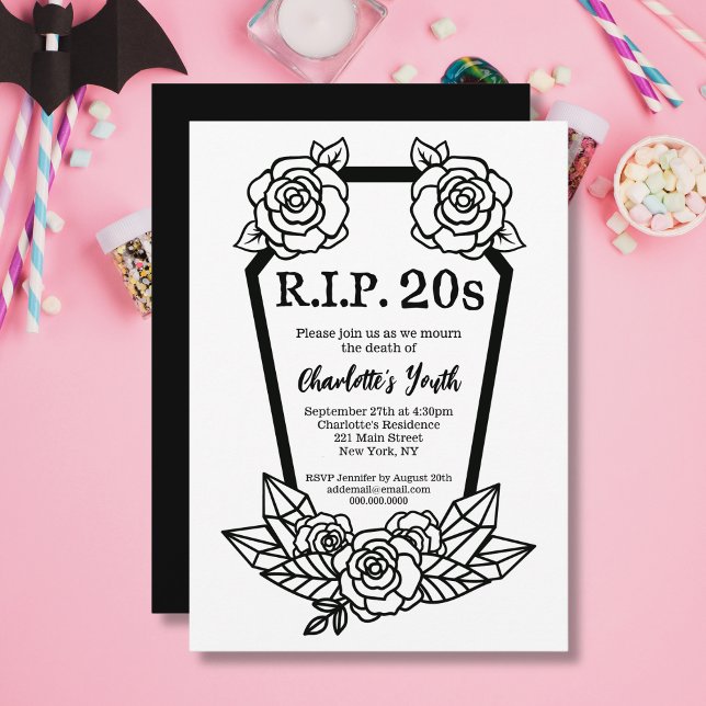 Convite aniversário de 30 anos Rip 20s Rosas Coffin Death  (30th Birthday Rip 20s Roses Coffin Death Of Youth Invitation
)